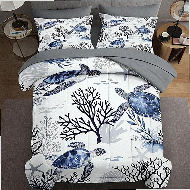 7 Pcs King Size Comforter Set with 2 Pillowcases & 2 Shams, Ocean Sea Coral Bedd