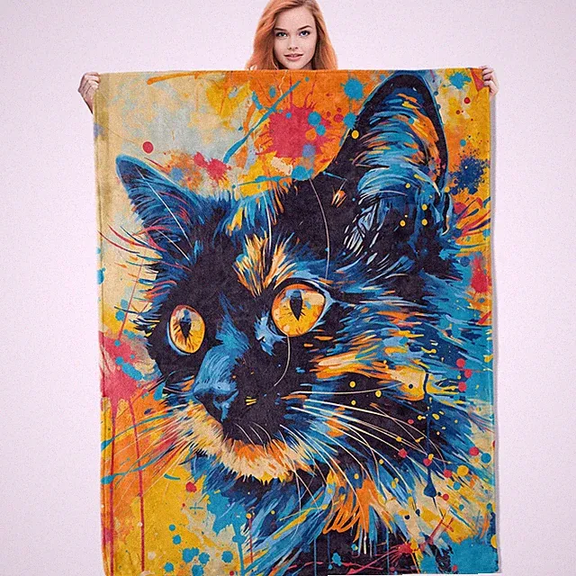 Abstract Cat Flannel Blanket,Colorful Splash Art Design Soft Lightweight Thro...