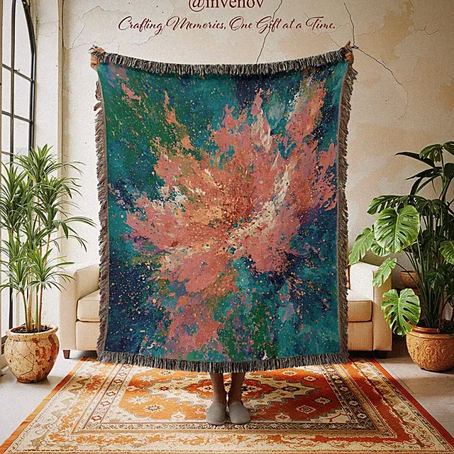 Abstract Floral Woven Blanket, Colorful Flower Throw, Boho Art Tapestry