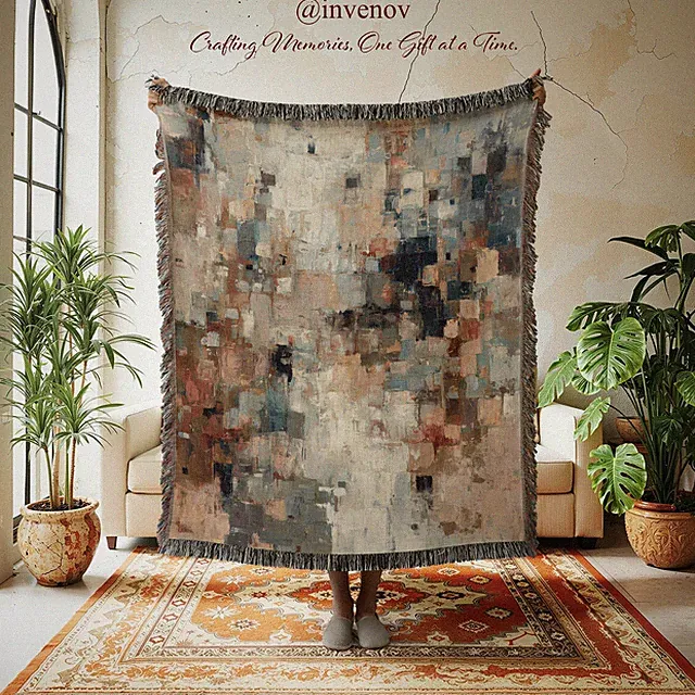 Abstract Woven Throw Blanket, Modern Rust Teal Wall Tapestry, Earth Tone Mosaic