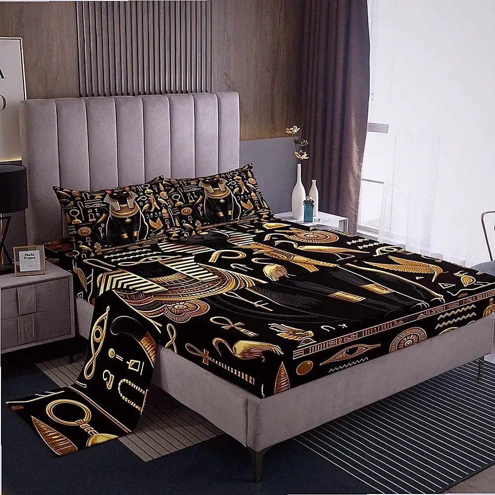 Black Cat Bed Sheets Set Gold Egyptian Print Full Sheet Set Abstract Gold Egy...