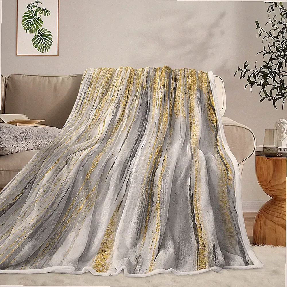 Gray Gold Throw Blanket Grey Abstract TextureSoft Fleece Blankets for Couch S...