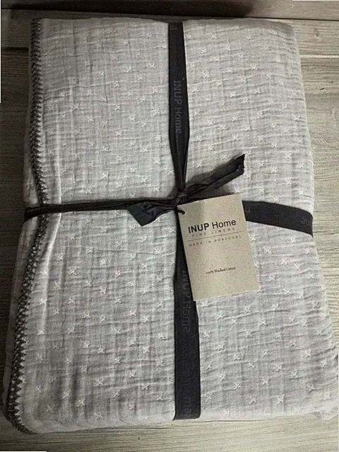 INUP Home Fine Linens 100% Cotton Gray Coverlet Blanket QUEEN Made in Portugal