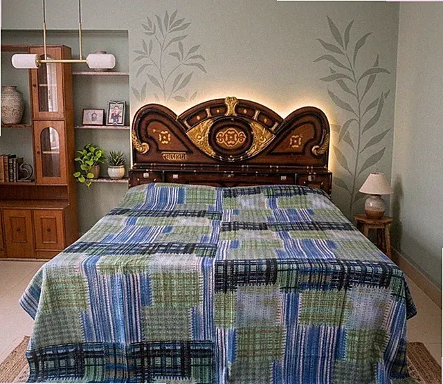 Kantha Quilt Blue Green Patchwork Handmade Cotton Bedspread Abstract Block Print