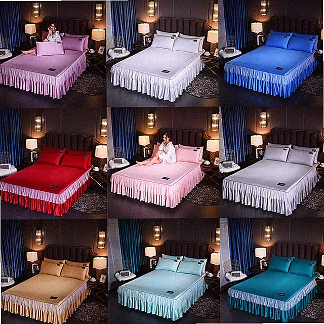 Luxury Satin Silk Bed Skirt Dust Ruffle Elegant Bed Sheet 14" Drop Queen King