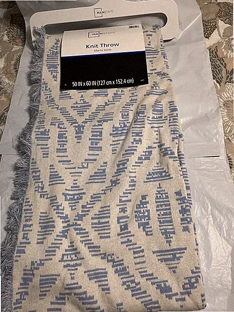 MAINSTAYS 50" X 60" KNIT THROW FRINGE TRIM SAVINE IKAT-PLACID BLUE