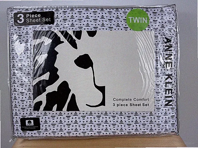 NEW Anne Klein Twin 3 Piece Sheet Set Modern Abstract Print White & Black Cotton