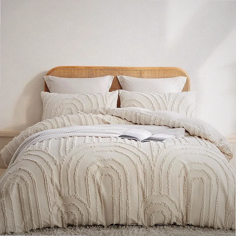 NEW Anthro Beige Boho Queen Size Tufted Abstract Bedding Comforter & Sham Set