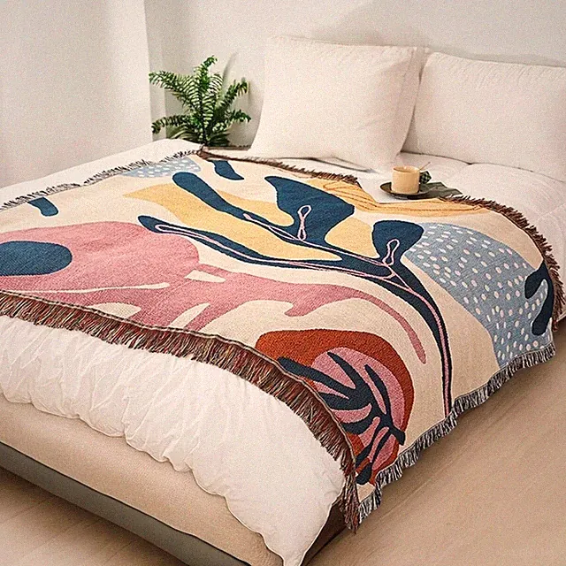NEW Anthro Boho Abstract Retro Tassel Throw Blanket Bedspread Quilt - 63" x 51"