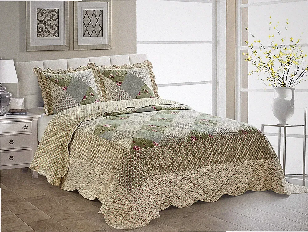 Over Sized Quilted Coverlet Bedspread Set New (King/California King, Beige Green
