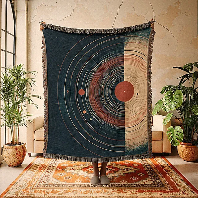 Solar System Woven Blanket Abstract Celestial Tapestry, Geometric Planet Orbit